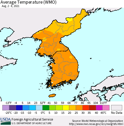 Korea Average Temperature (WMO) Thematic Map For 8/2/2021 - 8/8/2021