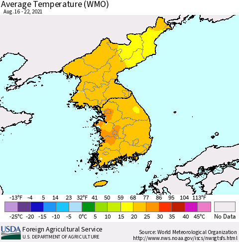 Korea Average Temperature (WMO) Thematic Map For 8/16/2021 - 8/22/2021