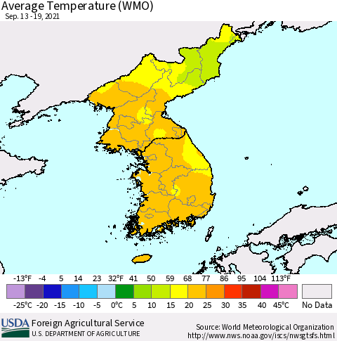 Korea Average Temperature (WMO) Thematic Map For 9/13/2021 - 9/19/2021