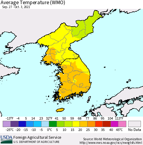 Korea Average Temperature (WMO) Thematic Map For 9/27/2021 - 10/3/2021