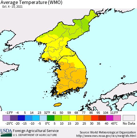 Korea Average Temperature (WMO) Thematic Map For 10/4/2021 - 10/10/2021