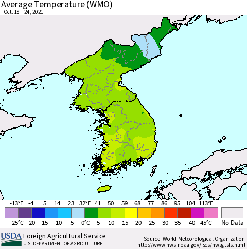 Korea Average Temperature (WMO) Thematic Map For 10/18/2021 - 10/24/2021