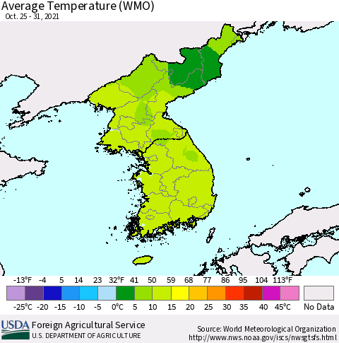 Korea Average Temperature (WMO) Thematic Map For 10/25/2021 - 10/31/2021