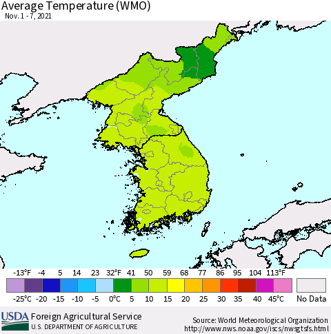 Korea Average Temperature (WMO) Thematic Map For 11/1/2021 - 11/7/2021
