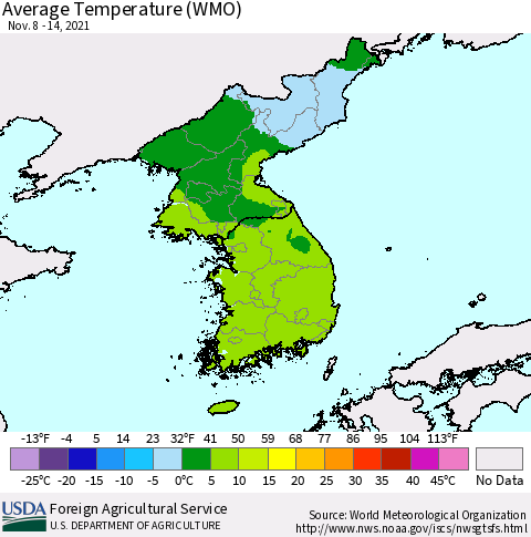 Korea Average Temperature (WMO) Thematic Map For 11/8/2021 - 11/14/2021