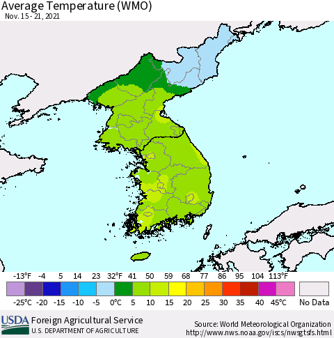 Korea Average Temperature (WMO) Thematic Map For 11/15/2021 - 11/21/2021
