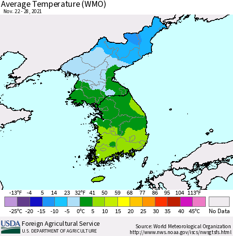 Korea Average Temperature (WMO) Thematic Map For 11/22/2021 - 11/28/2021