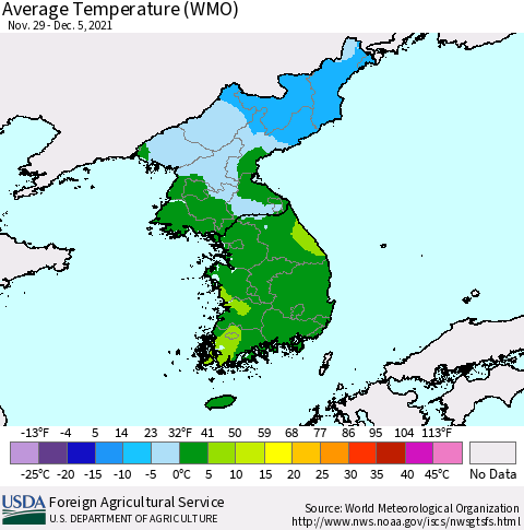 Korea Average Temperature (WMO) Thematic Map For 11/29/2021 - 12/5/2021