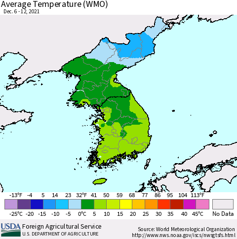 Korea Average Temperature (WMO) Thematic Map For 12/6/2021 - 12/12/2021