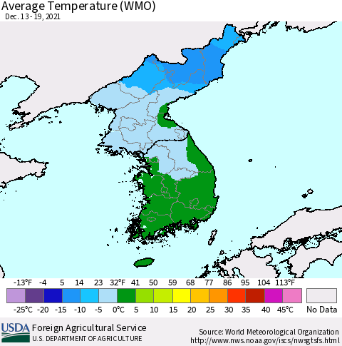 Korea Average Temperature (WMO) Thematic Map For 12/13/2021 - 12/19/2021