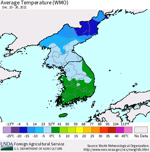 Korea Average Temperature (WMO) Thematic Map For 12/20/2021 - 12/26/2021