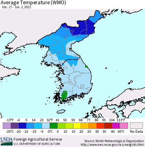 Korea Average Temperature (WMO) Thematic Map For 12/27/2021 - 1/2/2022