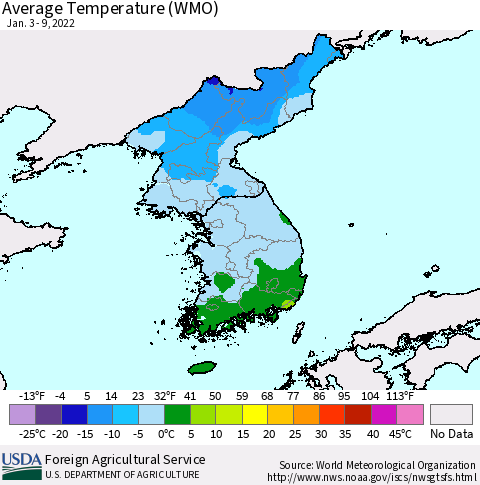 Korea Average Temperature (WMO) Thematic Map For 1/3/2022 - 1/9/2022