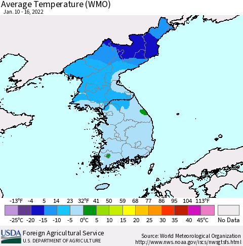 Korea Average Temperature (WMO) Thematic Map For 1/10/2022 - 1/16/2022