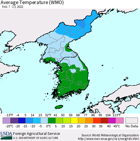 Korea Average Temperature (WMO) Thematic Map For 2/7/2022 - 2/13/2022