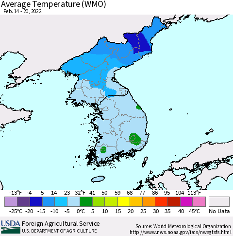 Korea Average Temperature (WMO) Thematic Map For 2/14/2022 - 2/20/2022
