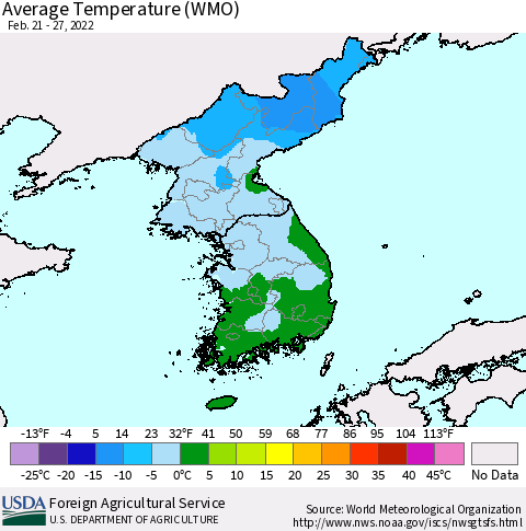 Korea Average Temperature (WMO) Thematic Map For 2/21/2022 - 2/27/2022