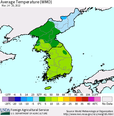 Korea Average Temperature (WMO) Thematic Map For 3/14/2022 - 3/20/2022
