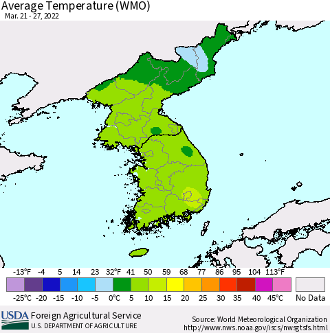 Korea Average Temperature (WMO) Thematic Map For 3/21/2022 - 3/27/2022