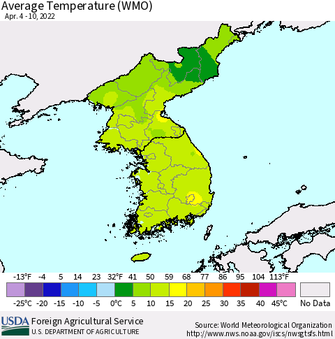 Korea Average Temperature (WMO) Thematic Map For 4/4/2022 - 4/10/2022