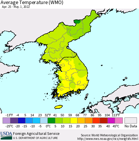 Korea Average Temperature (WMO) Thematic Map For 4/25/2022 - 5/1/2022