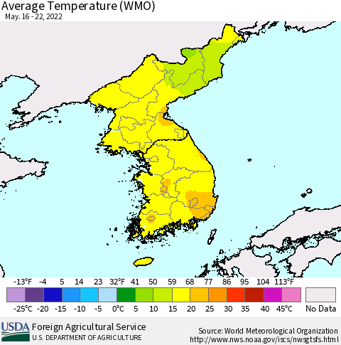 Korea Average Temperature (WMO) Thematic Map For 5/16/2022 - 5/22/2022