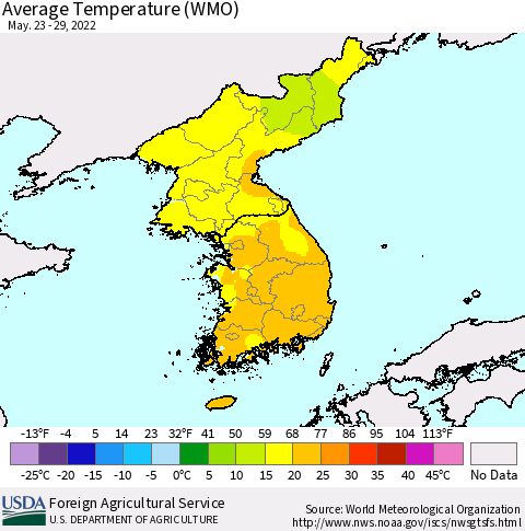 Korea Average Temperature (WMO) Thematic Map For 5/23/2022 - 5/29/2022