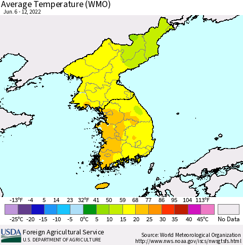 Korea Average Temperature (WMO) Thematic Map For 6/6/2022 - 6/12/2022