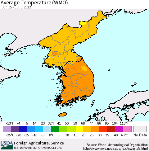 Korea Average Temperature (WMO) Thematic Map For 6/27/2022 - 7/3/2022
