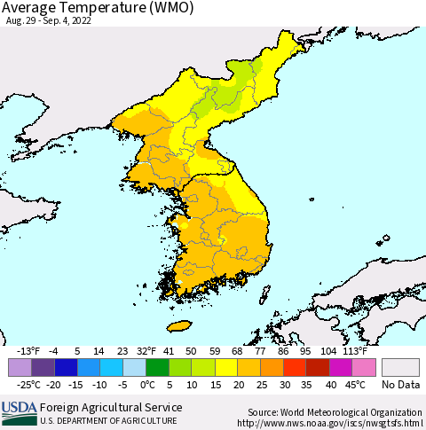 Korea Average Temperature (WMO) Thematic Map For 8/29/2022 - 9/4/2022