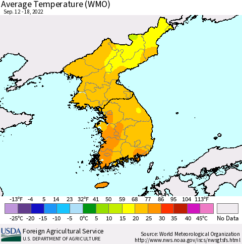 Korea Average Temperature (WMO) Thematic Map For 9/12/2022 - 9/18/2022