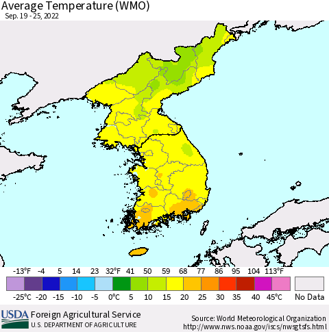 Korea Average Temperature (WMO) Thematic Map For 9/19/2022 - 9/25/2022