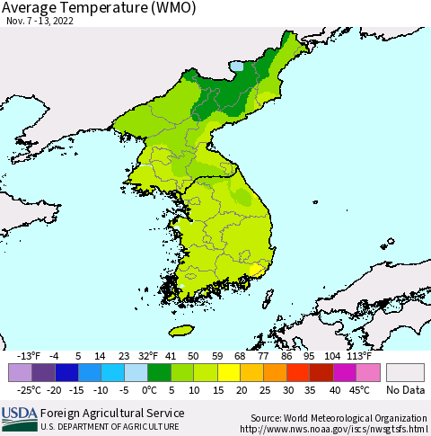 Korea Average Temperature (WMO) Thematic Map For 11/7/2022 - 11/13/2022