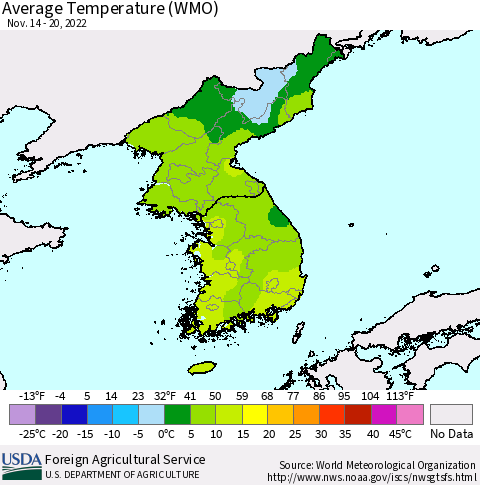 Korea Average Temperature (WMO) Thematic Map For 11/14/2022 - 11/20/2022