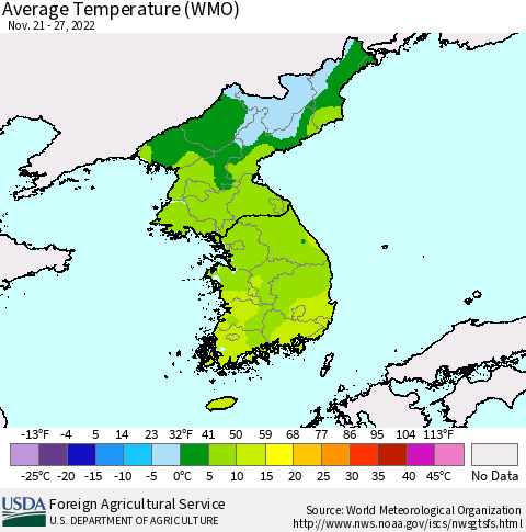 Korea Average Temperature (WMO) Thematic Map For 11/21/2022 - 11/27/2022