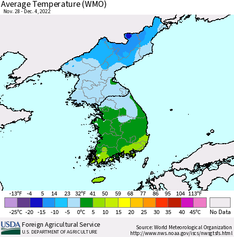 Korea Average Temperature (WMO) Thematic Map For 11/28/2022 - 12/4/2022