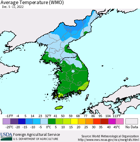 Korea Average Temperature (WMO) Thematic Map For 12/5/2022 - 12/11/2022