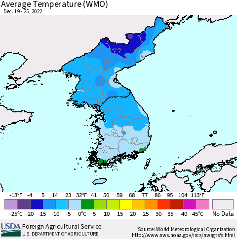 Korea Average Temperature (WMO) Thematic Map For 12/19/2022 - 12/25/2022