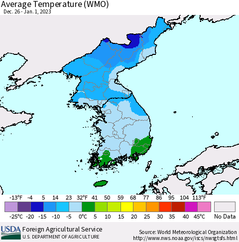 Korea Average Temperature (WMO) Thematic Map For 12/26/2022 - 1/1/2023
