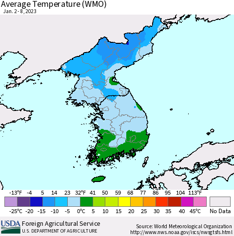 Korea Average Temperature (WMO) Thematic Map For 1/2/2023 - 1/8/2023
