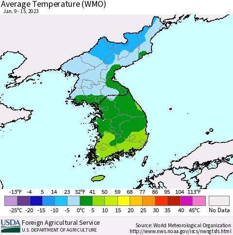 Korea Average Temperature (WMO) Thematic Map For 1/9/2023 - 1/15/2023