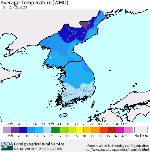 Korea Average Temperature (WMO) Thematic Map For 1/23/2023 - 1/29/2023