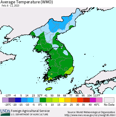 Korea Average Temperature (WMO) Thematic Map For 2/6/2023 - 2/12/2023