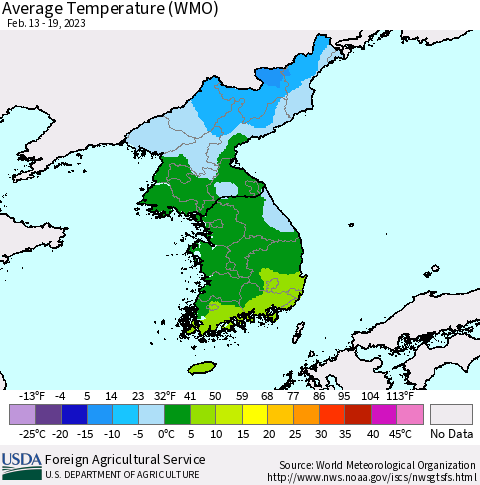 Korea Average Temperature (WMO) Thematic Map For 2/13/2023 - 2/19/2023