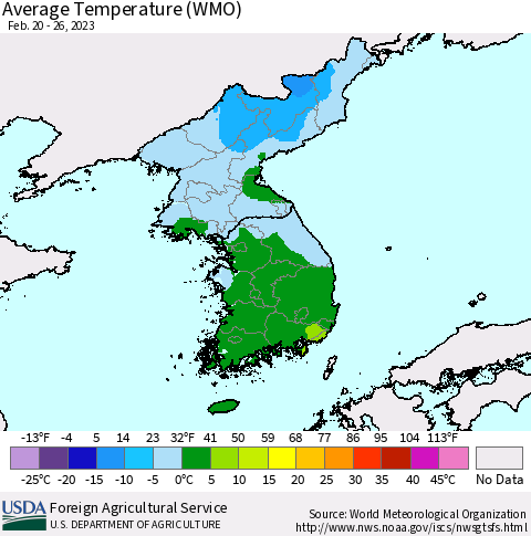 Korea Average Temperature (WMO) Thematic Map For 2/20/2023 - 2/26/2023