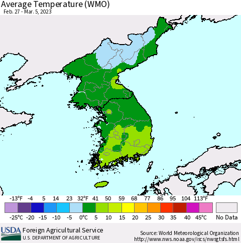 Korea Average Temperature (WMO) Thematic Map For 2/27/2023 - 3/5/2023