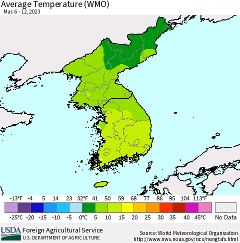 Korea Average Temperature (WMO) Thematic Map For 3/6/2023 - 3/12/2023