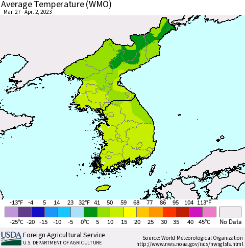 Korea Average Temperature (WMO) Thematic Map For 3/27/2023 - 4/2/2023