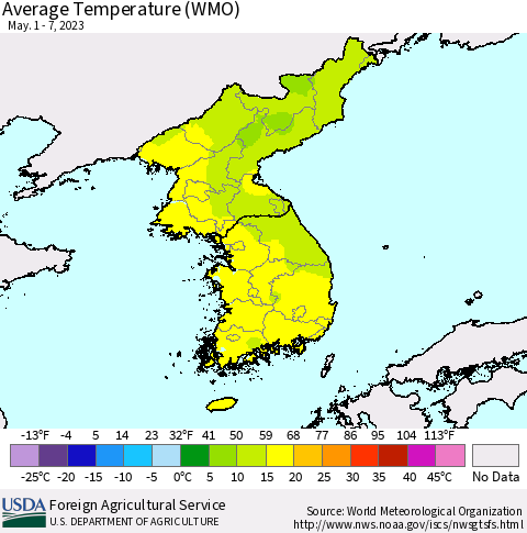 Korea Average Temperature (WMO) Thematic Map For 5/1/2023 - 5/7/2023