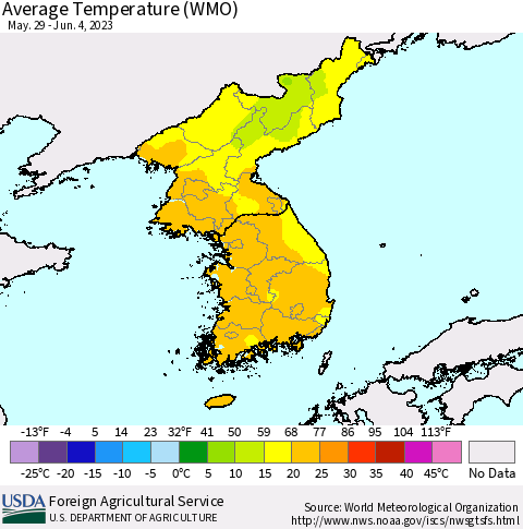 Korea Average Temperature (WMO) Thematic Map For 5/29/2023 - 6/4/2023